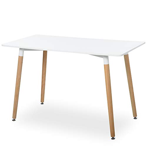 HOMCOM Mesa de Comedor de Estilo Nórdico Moderno con Patas de Madera de Haya Estructura de Metal con Almohadillas Ajustables 120x60x75 cm Blanco