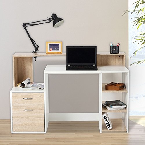 HOMCOM Mesa de Ordenador PC 140x55x92cm Despacho Escritorio Oficina Escuela Estanteria Madera 2 Colores (Marrón+Blanco)