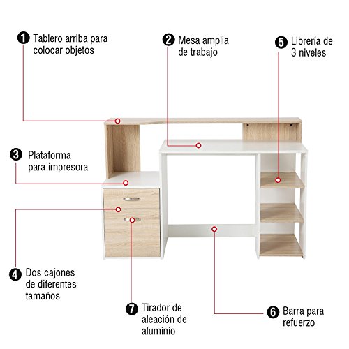 HOMCOM Mesa de Ordenador PC 140x55x92cm Despacho Escritorio Oficina Escuela Estanteria Madera 2 Colores (Marrón+Blanco)