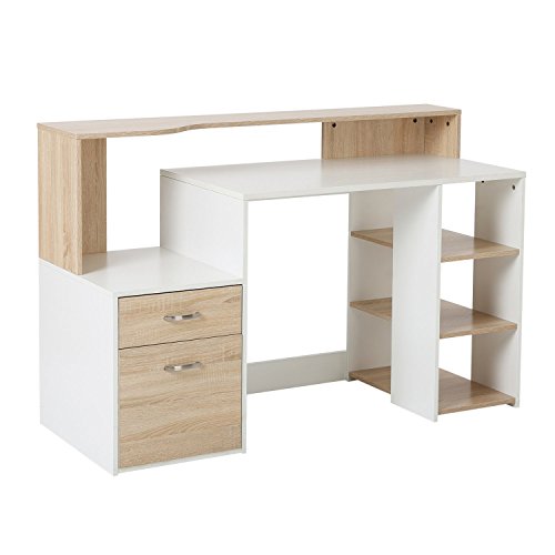 HOMCOM Mesa de Ordenador PC 140x55x92cm Despacho Escritorio Oficina Escuela Estanteria Madera 2 Colores (Marrón+Blanco)