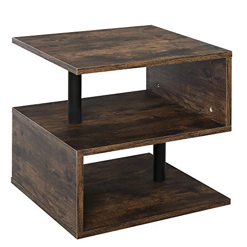 HOMCOM Mesa Lateral para Sofá Mesita de Centro para Salón Estilo Industrial Mesa Auxiliar en Forma de S con Estantes a 3 Niveles 48x48x48 cm Color Madera Envejecida