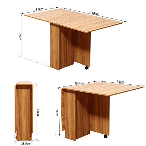 HOMCOM Mesa Plegable con Ruedas Estante Multifuncional para Comedor Salón Mesa Auxiliar 3 Formas Espacio Ahorrado Madera