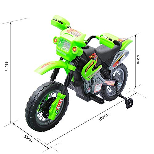 HOMCOM Moto Electrica Infantil Bateria 6V Recargable Niños 3 Años Cargador y Ruedas Apoyo Color Verde