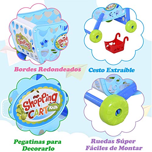 HOMCOM Set de Carrito de Compras para Niños Mayores de 3 Años Juego de Roles Educativo Juguete Infantil con 38 Piezas Coordinación 41,5x33,5x48,5 cm Azul