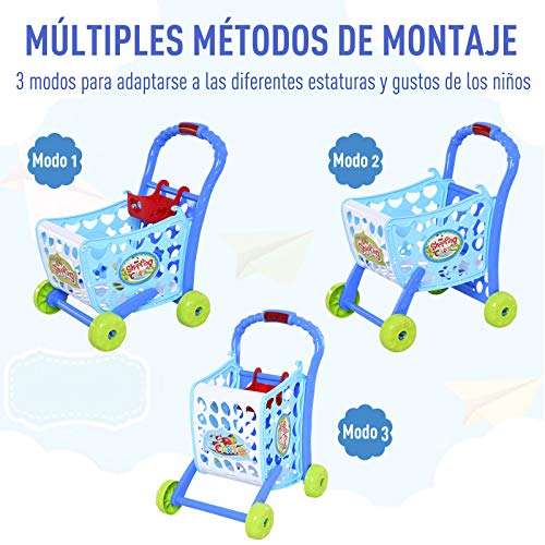 HOMCOM Set de Carrito de Compras para Niños Mayores de 3 Años Juego de Roles Educativo Juguete Infantil con 38 Piezas Coordinación 41,5x33,5x48,5 cm Azul