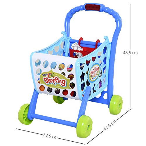 HOMCOM Set de Carrito de Compras para Niños Mayores de 3 Años Juego de Roles Educativo Juguete Infantil con 38 Piezas Coordinación 41,5x33,5x48,5 cm Azul