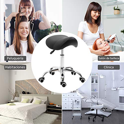 HOMCOM Silla Trabajo Taburete Ruedas Giratorias Taburete Cosmetica Dentista Peluqueria Color Negro