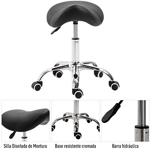 HOMCOM Silla Trabajo Taburete Ruedas Giratorias Taburete Cosmetica Dentista Peluqueria Color Negro