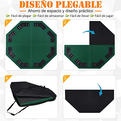 HOMCOM Tablero de Póker Octogonal Plegable Tabla de Juegos de Cartas para 8 Jugadores Ligero con Posavasos Bolsa de Transporte 120x120x1,5 cm Verde