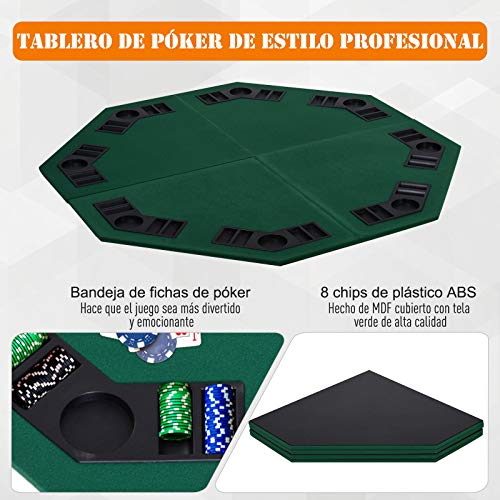 HOMCOM Tablero de Póker Octogonal Plegable Tabla de Juegos de Cartas para 8 Jugadores Ligero con Posavasos Bolsa de Transporte 120x120x1,5 cm Verde