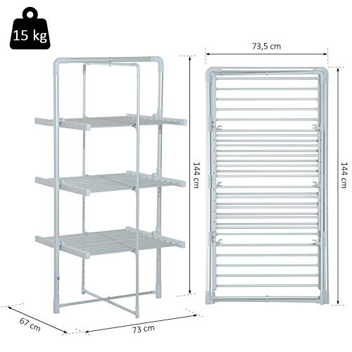 HOMCOM Tendedero Eléctrico Plegable 3 Niveles Secador de Ropa con 30 Barras de Aluminio Caliente 73x67x144cm