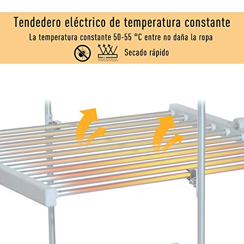 HOMCOM Tendedero Eléctrico Plegable 3 Niveles Secador de Ropa con 30 Barras de Aluminio Caliente 73x67x144cm