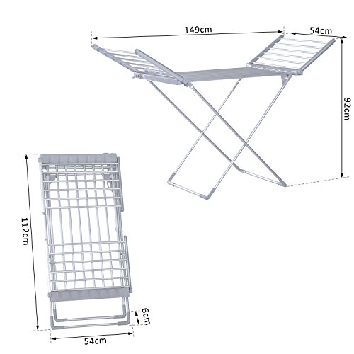 HOMCOM Tendedero Eléctrico Plegable con Alas Secador de Ropa Tendedero de Pie 8 Barras Base en Forma X Extensible 149x54x92cm Aluminio