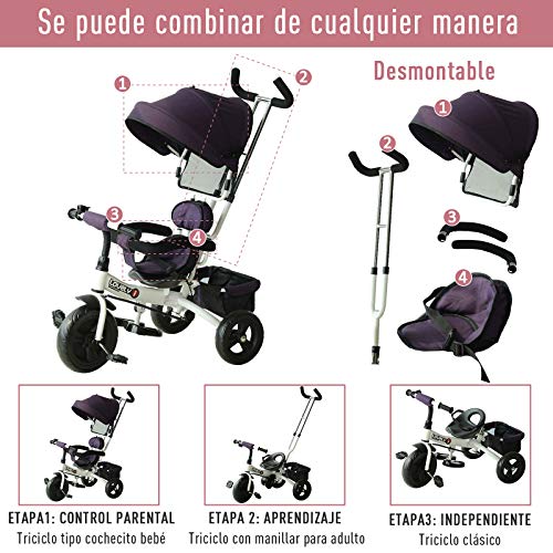 HOMCOM Triciclo para Bebé 2 en 1 Bicicleta para +18 Meses con Capota Manija de Empuje Ajustable Barra Extraíble Reposapiés Plegable Canasta de Almacenaje 92x51x110 cm Morado