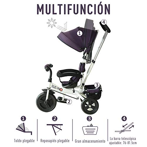 HOMCOM Triciclo para Bebé 2 en 1 Bicicleta para +18 Meses con Capota Manija de Empuje Ajustable Barra Extraíble Reposapiés Plegable Canasta de Almacenaje 92x51x110 cm Morado