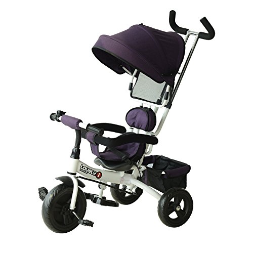 HOMCOM Triciclo para Bebé 2 en 1 Bicicleta para +18 Meses con Capota Manija de Empuje Ajustable Barra Extraíble Reposapiés Plegable Canasta de Almacenaje 92x51x110 cm Morado