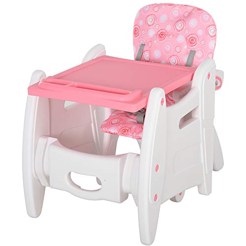 HOMCOM Trona para Bebés 3 en 1 para Mayores de 6 Meses Transformable en Mesa y Silla Multifuncional Ajustable en 3 Posiciones Respaldo Alto Acolchado con 2 Bandejas Extraíbles 57x59x105 cm Rosa