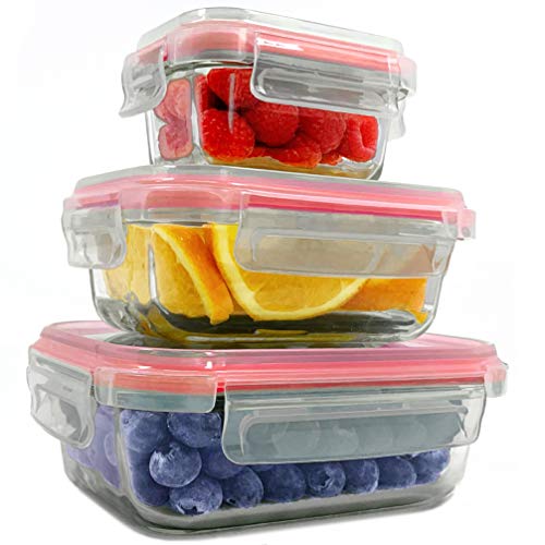 Home Fleek - Envases de Vidrio para Alimentos | 3 Recipientes + 3 Tapas | Herméticos | Sin BPA (Set 3, Rectangular Rojo)