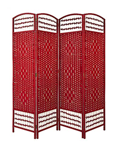 Home Line Biombo Separador 4 Paneles, Madera Bambú Natural de Color Rojo y Papel Trenzado, Plegable 180 cm