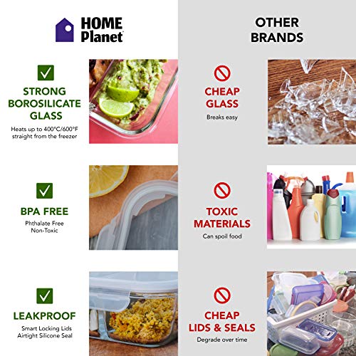 Home Planet Recipientes de Cristal para Alimentos con 2 Compartimentos | 1050ml X 3 | 97% embalaje de plástico eliminado | Envases Cristal Alimentos | Contendores