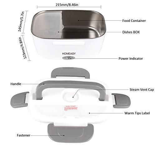 homeasy Fiambrera Eléctrica 2 en 1, Calentadores Eléctricos Portátiles para Coche y Trabajo 220V & 12V, 1.5L Termo para Comida de Acero Inoxidable, Pefecto para el Hogar,Camping y Oficina(Gris)