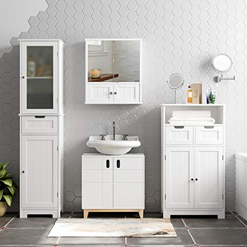 HOMECHO Armario Alto para Baño Mueble Columna de Baño con 2 Puertas y 1 Cajón Blanco 40 x 30 x 170 cm