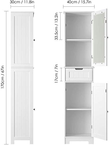 HOMECHO Armario Alto para Baño Mueble Columna de Baño con 2 Puertas y 1 Cajón Blanco 40 x 30 x 170 cm