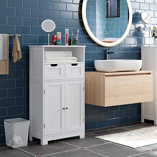 HOMECHO Armario de Baño para Almacenamiento Gabinete de de Suelo con 2 Cajónes y 2 Puertas para Baño Cocina Dormitorio Salón 60 x 30 x 110 cm