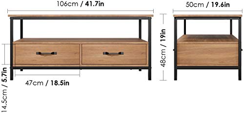 HOMECHO Mesa de Centro Industrial con 2 Cajones Mesa de Café Grante con Estante para Salón Dormitorio Oficina Marrón Claro 106 x 50 x 48 cm