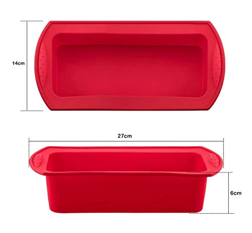 HOMEK Molde Rectangular de Silicona, 2 Piezas Rectangular Antiadherente Molde para Hornear de Silicona para Tostadas Dulces Pan Reposteria Suministros de Cocina, Rojo 27 x 13 x 6,5cm