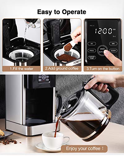 Homever Cafetera de Goteo Programable de Acero Inoxidable, 1.8 L（15 Tazas）, con Pantalla LCD, Tiempo de Preparación Preestablecido, Función de Aroma y Limpieza Automatica, Mantener la Función Caliente