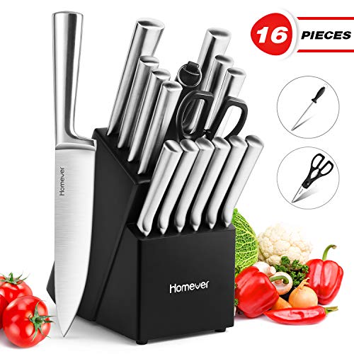 HOMEVER Cuchillos de Cocina, 16 Piezas Set Profesional Bloque de Hojas Acero Inoxidable afiladas, Cuchillos de Acero Inoxidable 1.4116 Alemán, Cuchillo Integral & Mango, Bloque de Madrea