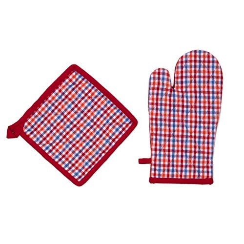 Homevibes Set de 2 Guantess Y 2 Agarraderas De Cocina con Lineas, Ideal para Cocinar, Resistentes al Calor, Ideal para Hornear, Guante y Agarradera para Ollas y Horno Medidas 18x30cm (Rojo)