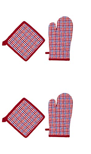 Homevibes Set de 2 Guantess Y 2 Agarraderas De Cocina con Lineas, Ideal para Cocinar, Resistentes al Calor, Ideal para Hornear, Guante y Agarradera para Ollas y Horno Medidas 18x30cm (Rojo)