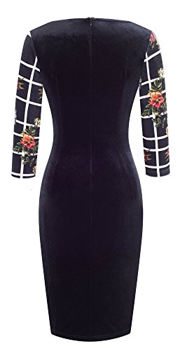 HOMEYEE de la Vendimia de Las Mujeres con Cuello en V Manga 3/4 de la impresión Floral Vestido de cóctel Velvet B419(EU 38 = Size M,Negro + Floral)