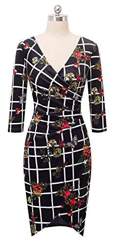 HOMEYEE de la Vendimia de Las Mujeres con Cuello en V Manga 3/4 de la impresión Floral Vestido de cóctel Velvet B419(EU 38 = Size M,Negro + Floral)