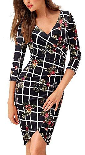 HOMEYEE de la Vendimia de Las Mujeres con Cuello en V Manga 3/4 de la impresión Floral Vestido de cóctel Velvet B419(EU 38 = Size M,Negro + Floral)