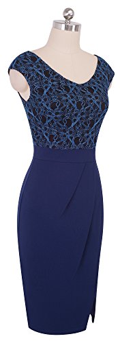 HOMEYEE Elegante con Cuello en V sin Mangas Floral Bordado Partido hasta la Rodilla Bodycon Vestido de cóctel B431(EU 36 = Size S,Azul Oscuro)