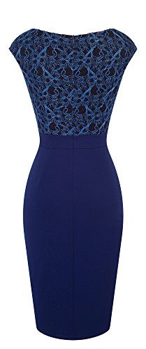 HOMEYEE Elegante con Cuello en V sin Mangas Floral Bordado Partido hasta la Rodilla Bodycon Vestido de cóctel B431(EU 36 = Size S,Azul Oscuro)