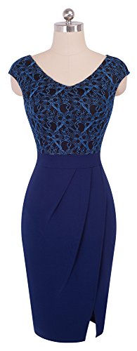 HOMEYEE Elegante con Cuello en V sin Mangas Floral Bordado Partido hasta la Rodilla Bodycon Vestido de cóctel B431(EU 36 = Size S,Azul Oscuro)