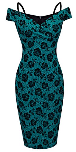 HOMEYEE – Vestido ceñido de mujer con estampado floral vintage, con tirantes, hombros descubiertos, largo hasta la rodilla, B309 Verde verde S