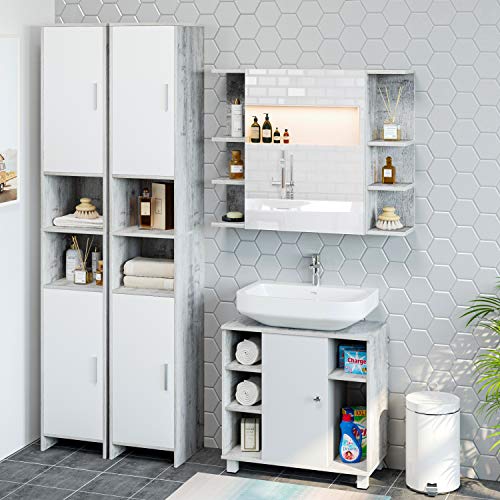 Homfa Armario Baño con Espejo Armario de Pared Armario Cocina Colgante con 1 Puerta 8 Compartimentos Gris 80x19x80cm