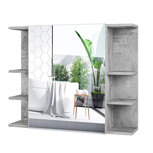 Homfa Armario Baño con Espejo Armario de Pared Armario Cocina Colgante con 1 Puerta 8 Compartimentos Gris 80x19x80cm