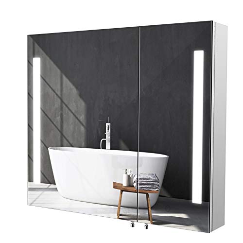 Homfa Armario de Pared Armario Baño con Espejo Armario Baño con Luz LED 2 Puertas 2 Compartimentos de Acero Inoxidable 76x67x13cm