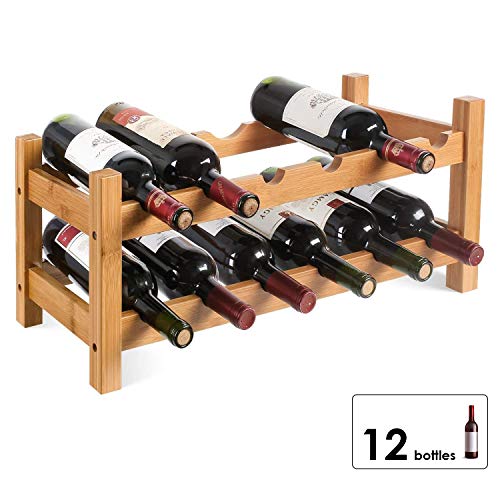 Homfa Botellero Vino Estantería de Vino Estante del Vino para Salón Cocina Comedor para 12 Botellas de 2 Niveles Bambú 60x24x25cm
