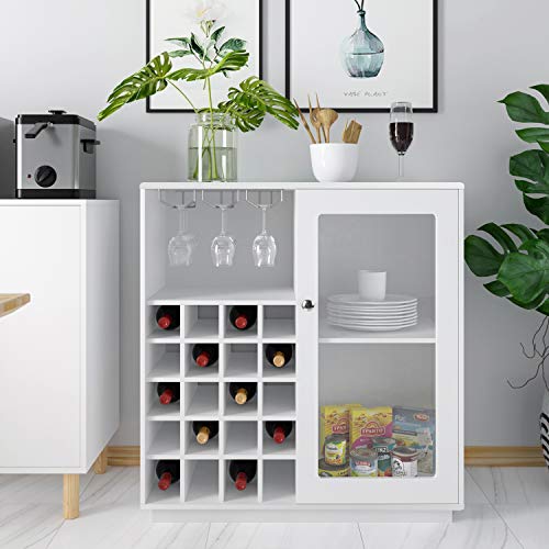 Homfa Botellero Vino para 20 Botellas Botellero Madera Mueble para Vinos para Comedor con 3 Portavaso 2 Estantes Blanco 80x36x85cm