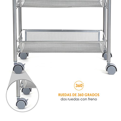 HOMFA Carrito Auxiliar con Ruedas y 3 Bandejas de Malla Metálica para Cocina Baño salón Plata 45x27x63cm