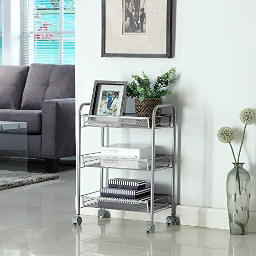 HOMFA Carrito Auxiliar con Ruedas y 3 Bandejas de Malla Metálica para Cocina Baño salón Plata 45x27x63cm