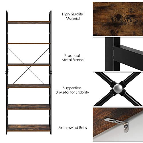 Homfa Estantería de Escalera Estantería Metálica para Baño Salón Dormitorio con 6 Niveles de Madera Vintage y Negro 70x30x194.5cm