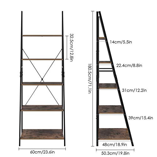 Homfa Estantería Escalera Librería de Pared Estantería Metálica para Salón Terraza Dormitorio con 5 Niveles Vintage y Negro 60x50.3x180.5cm